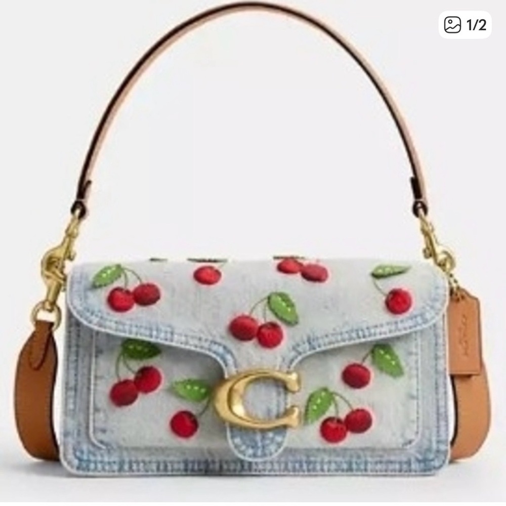 Coach Light Blue Denim Shoulder Bag with Cherry Embroidery 20